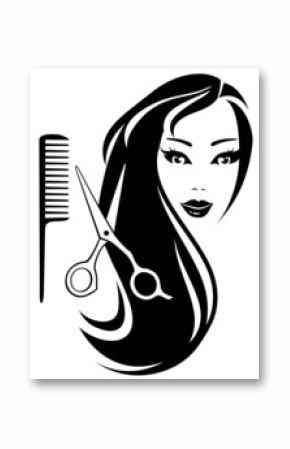 girl with black long hair and scissors and comb