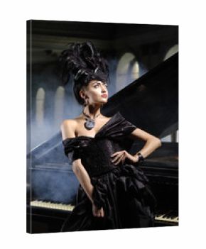 elegant lady with luxurious hairstyle near piano