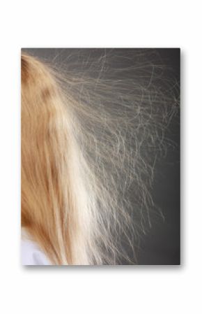 Closeup of woman with static blonde hair.