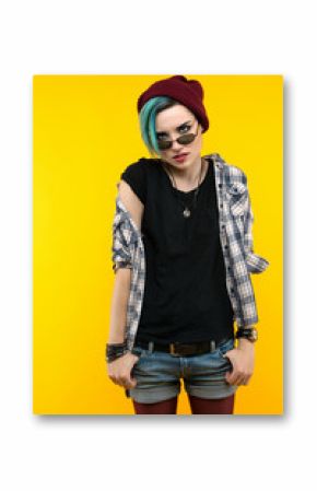 creative person style on yellow background. modern teenager. colour / colorful hairstyle