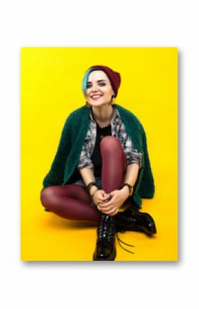 creative person style on yellow background. modern teenager. colour / colorful hairstyle