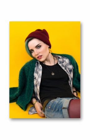 creative person style on yellow background. modern teenager. colour / colorful hairstyle