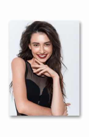 waist up of a young pretty model looking into camera