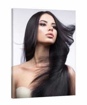 Beautiful brunette girl in move with a perfectly smooth hair, and classic make-up. Beauty face. Picture taken in the studio on a white background.