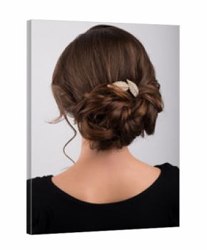 Assembled formal hairstyle dark hair decorated with a crest in the form of sheets, back view