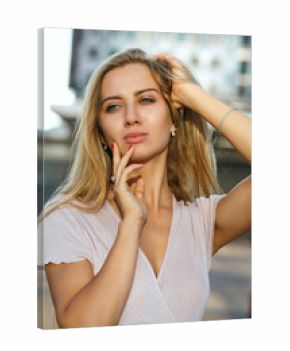Closeup portrait of glamor blue eyed woman with perfect skin and natural makeup