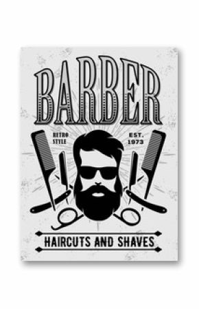 Barbershop vintage label, badge, or emblem on gray background. Vector illustration