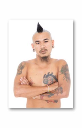 portrait of unfriendly asian punk guy with mohawk hair style, piercing and tattoo isolated on a white background