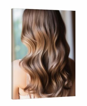 Glossy brunette waves with elegant highlights cascading down.