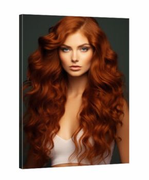 Redhead girl with long and shiny wavy red hair. Beautiful model with curly hairstyle