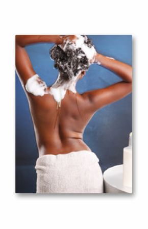 Cute African American washes her hair away from the camera