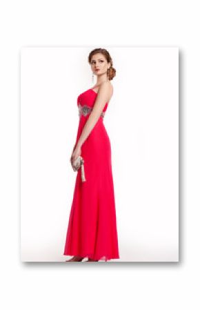 Fashion young woman in luxury red long dress with handbag