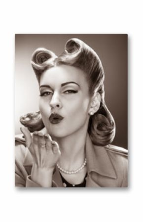 Old-fashioned Pin-up Girl Blowing a Kiss. Retro Style