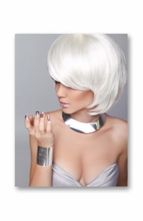 Fashion Blond Girl. Beauty Portrait Woman. White Short Hair. Iso