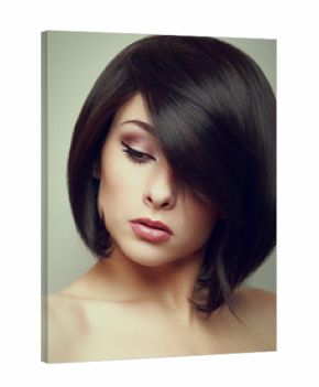 Art portrait of short hair woman looking down. Closeup