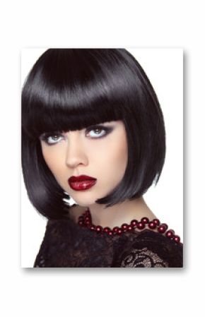 Black short bob hairstyle. Fashion brunette girl model with make