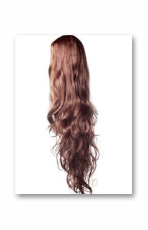 long curly brown wig on a white background