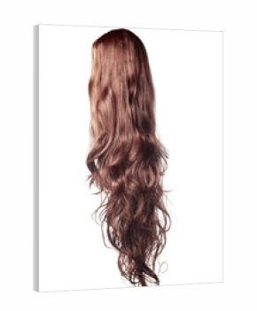 long curly brown wig on a white background