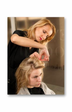 professional hair stylist at work - hairdresser  doing hairstyle