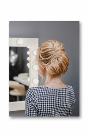 Close up detail of french twist hairstyle, back rear view at hairdresser salon