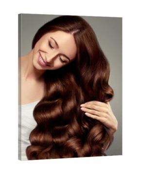 Hair. Beautiful girl with long wavy and shiny hair. Brunette woman with gorgeous curly hairstyle. Haircare. Healthy Long Hair. Beauty Model Woman. Brown Hair.