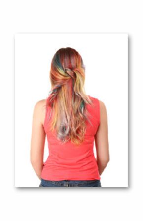 Trendy hairstyle concept. Young woman with colorful dyed hair on white background