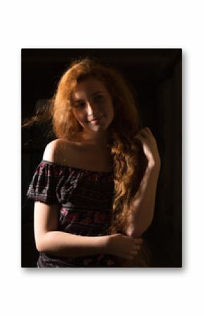 Beautiful young red haired model with freckles. Woman with long red hair and shadow on her face
