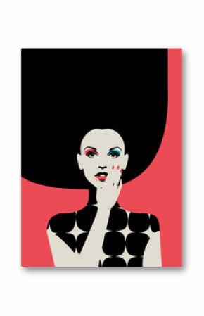 Portrait of fashionable woman with big hairdo in bright colors on pink background. Retro pop art style. Eps10 vector