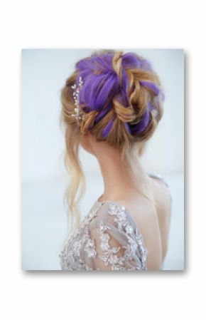 A gentle portrait of a bride girl with an air crochet with purple hair strands from the back.