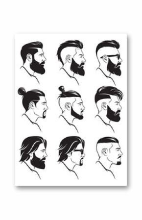 Set of silhouette bearded men faces hipsters style with different haircuts. Vector illustration.