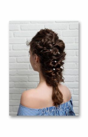 Female hairstyle Greek braid on the head of a brunette rear view.