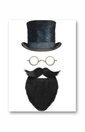 Vintage gentleman hat, glasses and black beard with curly mustache isolated on white