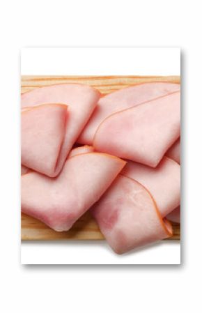 Board with delicious ham slices isolated on white background