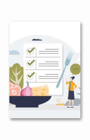 Healthy meal planning with daily food ingredients list tiny person concept, transparent background. Weekly eating schedule with plan for slimming, detox and wellness illustration.