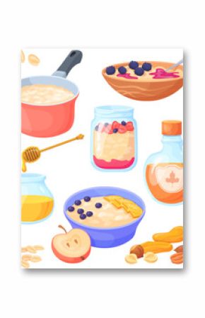 Oatmeal ingredients. Oat porridge box crunchy flakes for healthy breakfast eating, scoop of dry oats ripeness wheat, granola cereal grains with milk fruit, neat vector illustration