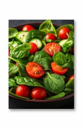 The background of a salad bowl is white and it is filled with spinach leaves, cherry tomatoes, lettuce, cucumbers, and many other vegetables.