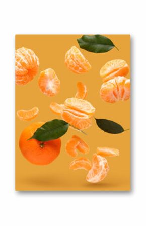 Peeled flying tangerines on beige background