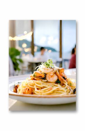 Pasta mit Meeresfrüchten, Im Hintergrund ein Restaurant, Aussengastronomie 