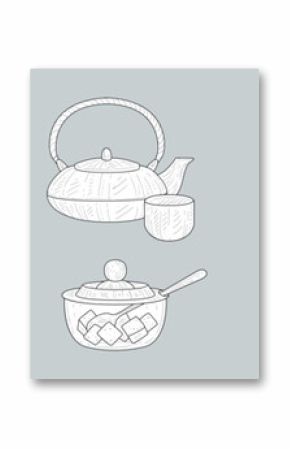 Tea Hand Drawn Object with Teapot, Cup and Sweets Vector Set