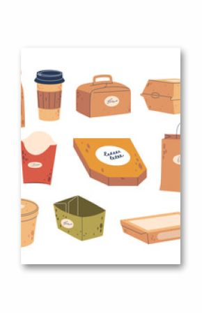 Disposable Paper Packages Vector Set. Convenient And Eco-friendly Cardboard Boxes For Single-use Packaging Needs