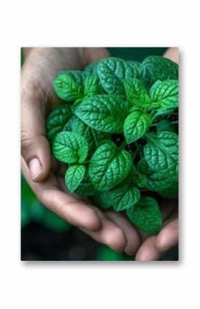 A pair of business hands holding green plants together symbolizes a green business enterprise. Agriculture and collaboration in a green enterprise. Organization and ecosystem development cooperation.
