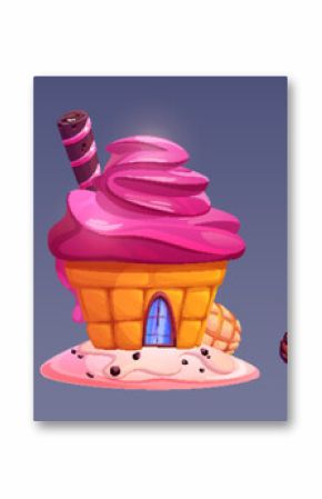 Candy land house made of sweet dessert bakery. Cartoon vector set of fantasy home buildings from cupcake with pink swirl cream, chocolate cookies and waffles with caramel and icing decoration.