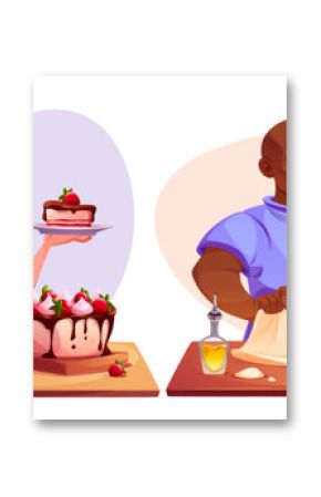 Man and woman cooking food isolated on white background. Vector cartoon illustration of amateur cook characters baking sweet strawberry cake, kneading dough on wooden table, kitchen class students