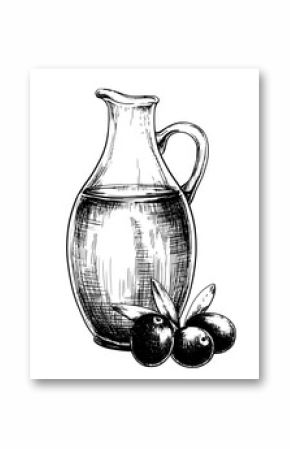 Olive oil bottle with berries vintage vector sketch drawing