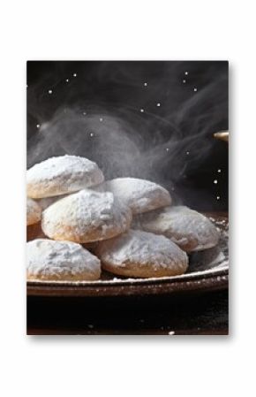 Delicate Eid Sweets with Tea: Celebratory Maamoul Cookies and Powdered Sugar on Kahk