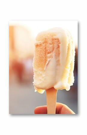 A close-up shot of someone's hand holding a popsicle with a white frosting on it, perfect for cooling down in the hot weather