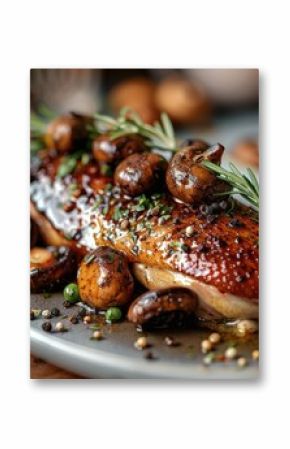 Baked duck with mushrooms on a long plate on table. Generative AI.