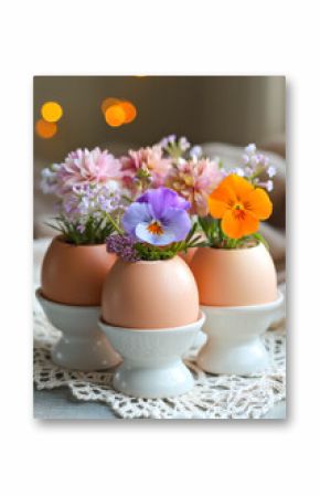Fresh Spring Flowers in Eggshell Vases. Celebration spring holiday Easter, Spring Equinox day, Ostara Sabbat.