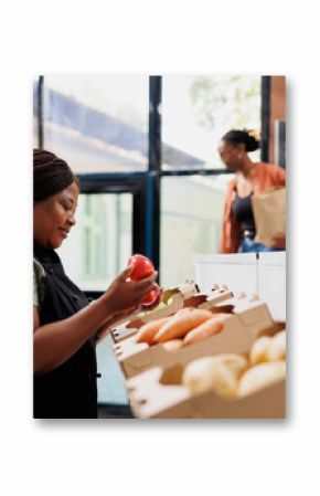 Female storekeeper checking and arranging freshly harvested produce on shelves. Black woman wearing an apron holding and examining red apples in boxes at local convenience store.