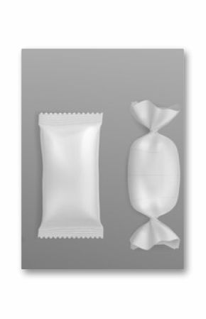Candy wrapper mockup. Realistic 3d vector illustration set of white blank plastic sweet dessert package. Different shapes of foil bonbon or chocolate wrap template. Empty confectionery pack.